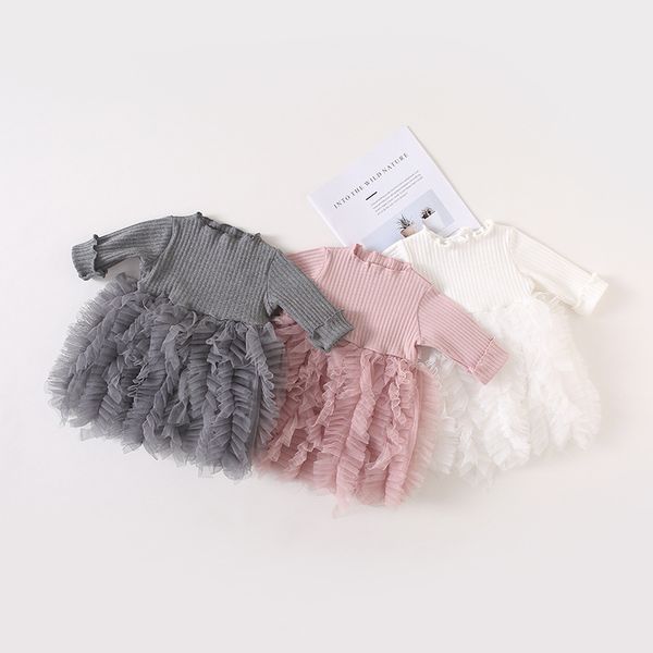 

2019 новая мода cute baby girl осень платье с длинным рукавом bubble кружева лоскутная вязать мини пачка платье, Red;yellow