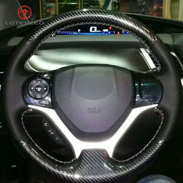 

lqtenleo carbon fiber leather black leather diy hand-stitched car steering wheel cover for civic civic 9 2012-2015