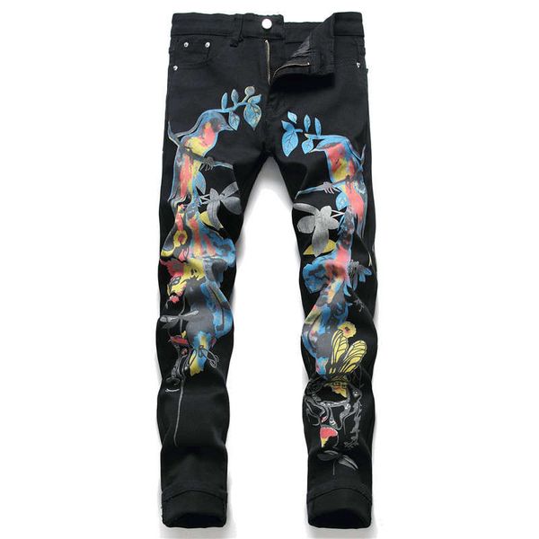 

rock revival mens floral robin jeans flower longs pants bird pattern painted printing elastic leisure skinny jeans denim pants plus size, Blue