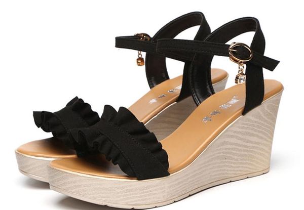 

2019 women's sandals in summer with new style slope heel thick bottom waterproof table @42, Black