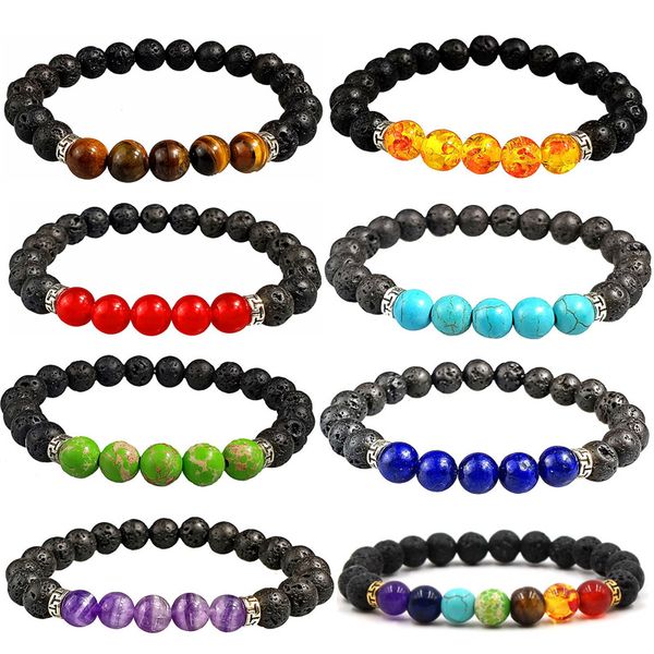 

sell natural gemstone amethyst volcanic rocks tigers's eye bead bracelet men womens multicolor crystal stackable bracelet jewelry, Black