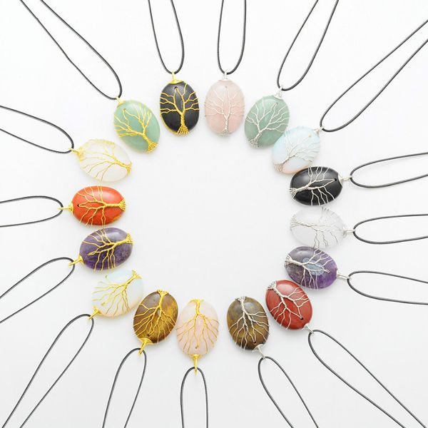 

jewelry natural crystal stone tree of life oval pendant necklaces women statement bohemian jewelry choker necklace women, Silver