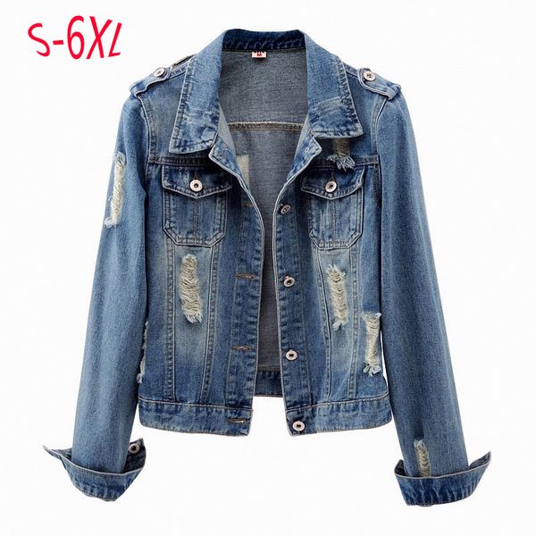 

plus size ripped hole cropped women jacket 4xl 5xl 6xl bomber short denim jackets jaqueta long sleeve casual jeans coat m14, Black;brown