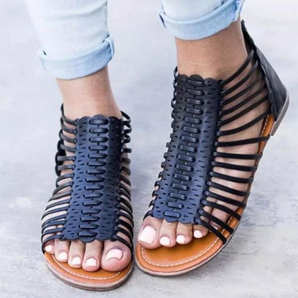 

woman summer peep toe flat sandals women gladiator flats shoes rome ladies casual cut out footwear girls zapatos mujer f181286, Black