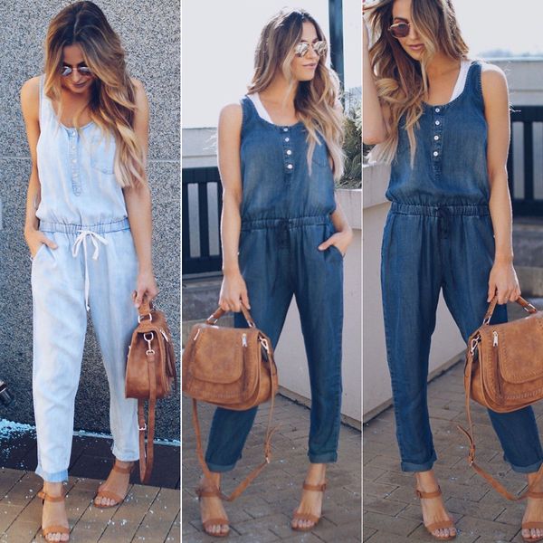 

summer new high waist stretch denim women's jumpsuit was thin fashion jeans slim ladies sleeveless casual women's jeans, Blue