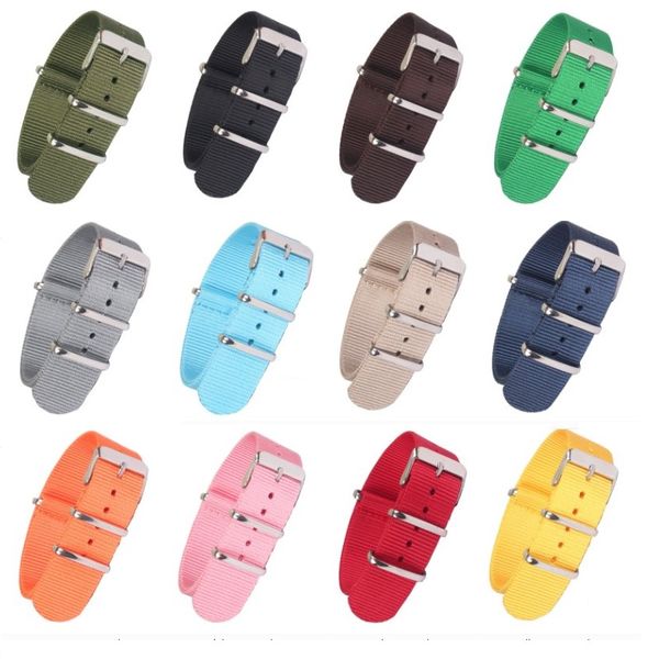 

new strong solid color watchband wristwatch band stainless steel buckle fabric brown red black nylon nato strap 22mm 18mm 20mm, Black;brown