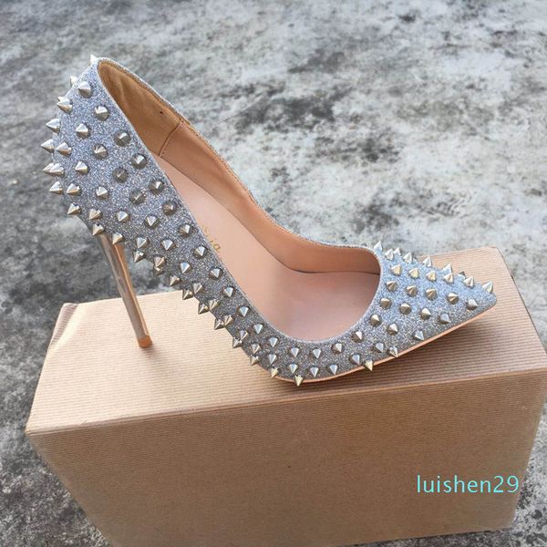 

2018 new pu leather high heeled lady pumps rivet pointed toe woman party shoes slip-on sliver color wedding shoes pumps l29, Black