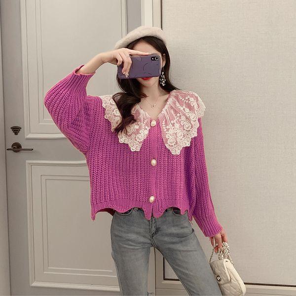 

make sweet french lace shawls female v-neck sweater coat loose pearl clasp knitted cardigan, White