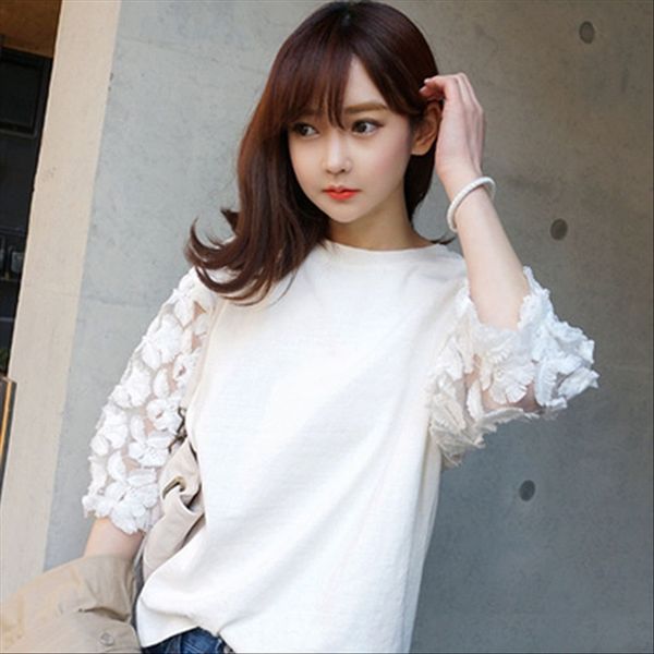 

summer 2020 loose lace slim t- cropped sleeve all-match lace base shirt t-shirt top, White