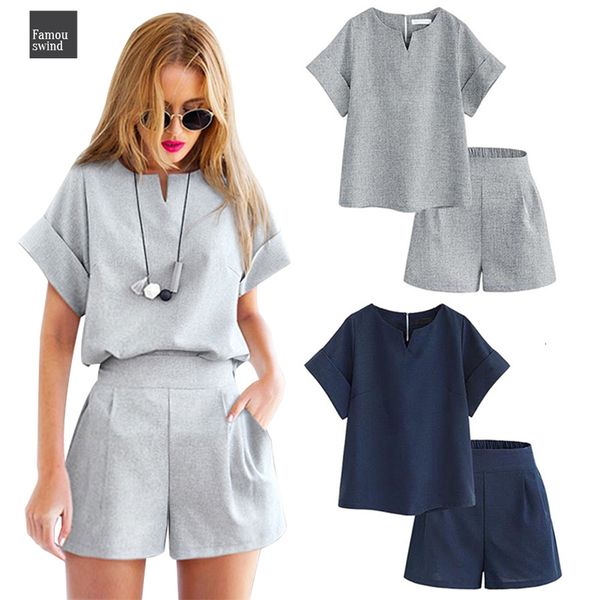 

set two piece female office cotton linen v neck t shirt shirts short sleeve and shorts summer suit womens costumes, White