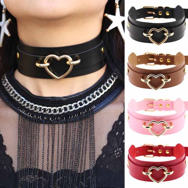 

новый стиль искусственной кожи сердца choker ожерелье с регулируемым воротником пряжки stud гот женщины мужчины chocker готические ювелирные, Golden;silver