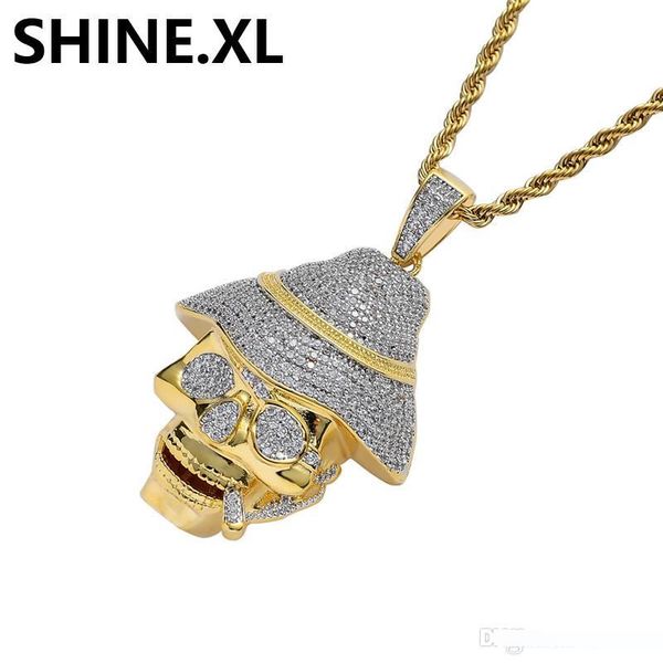 

hip hop 18k gold plated cartoon pirate skull pendant necklace iced out zircon mens bling party jewelry, Silver