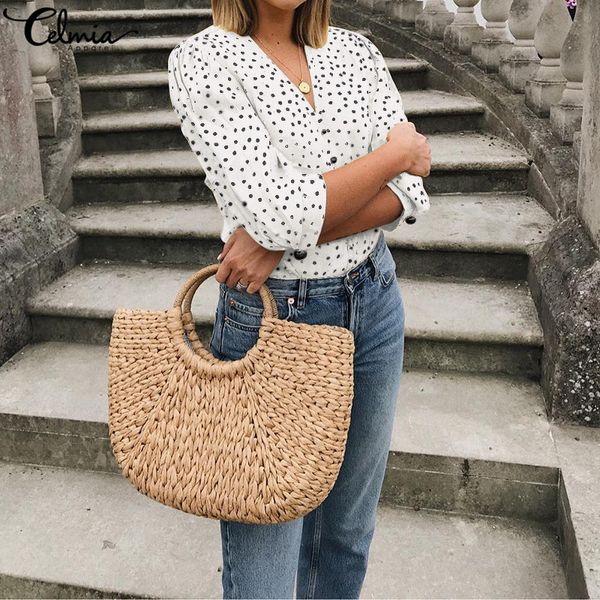 

celmia women's blouses 2019 summer v-neck dot printed casual shirts 3/4 sleeve loose ladies office work blusas femininas, White