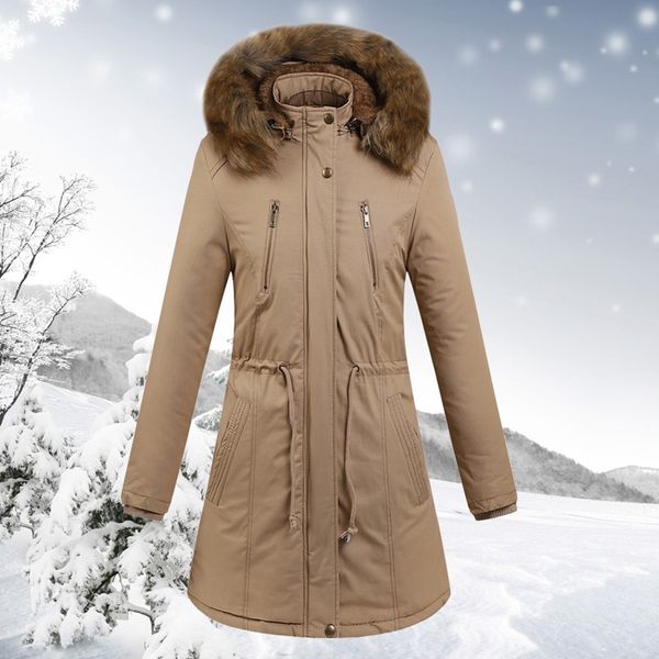 

faux fur coats women long sleeve hooded neck zipper button plus size casual female outwear warm down jacket thick parkas#y2, Black