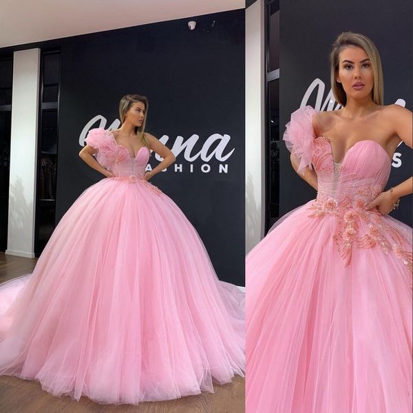 

2020 pink one shoulder quinceanera dresses ball gown crystal beading illusion puffy tulle party dress prom evening gowns wear, Blue;red