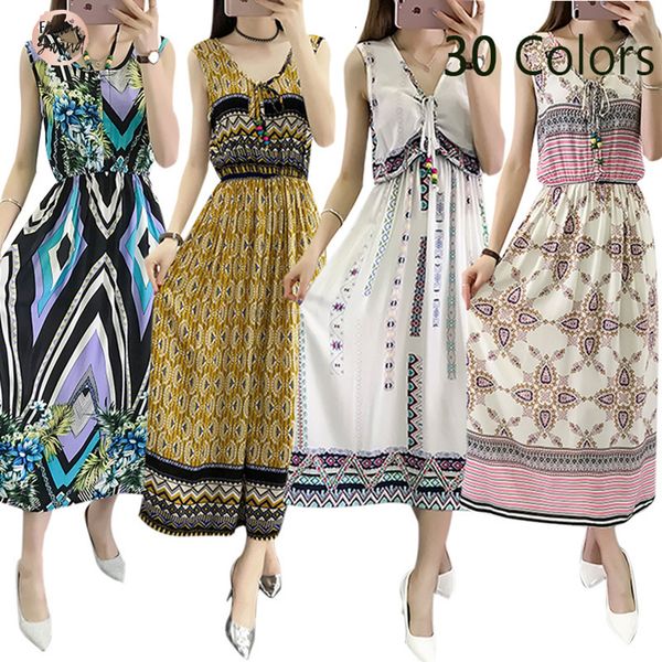 

women beach bohemian dress summer boho elegant v neck printed new fashion flower loose plus size sleeveless dress designer clothes, Black;gray