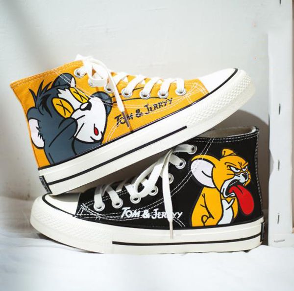 

japanese style anime high shoes tom and jerry canvas shoes men women student graffiti canvas shoes 2019 cute cartoon casual sneakers, Black