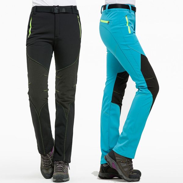 

men women warm fleece softshell camping hiking pants winter outdoor sports trekking fishing skiing waterproof thick trousers, Black;green