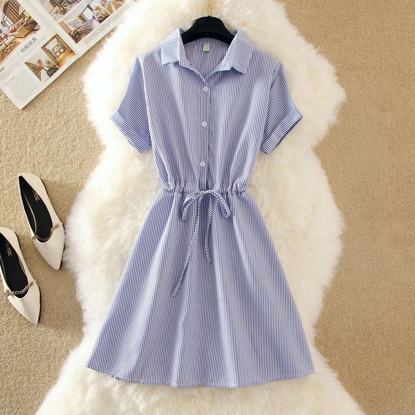 

women's blue stripped dress slim high waist 2020 spring dresses polyester fashion elegant short sleeve work shirts mini vestido, Black;gray