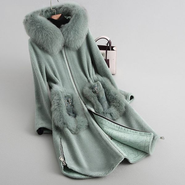 

winter lamb shearling natural coat sticky leather collar women's coat leather wool fur fashion pocket, Black