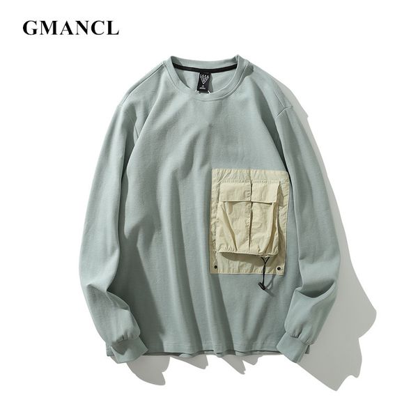 

men autumn oversized solid front pocket casual sweatshirts harajuku hip hop streetwear o-neck cotton loose pullover, Black