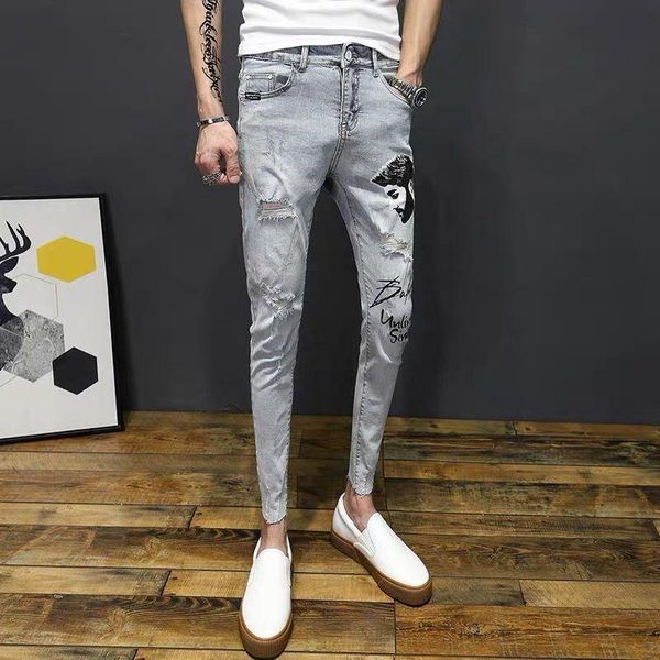 

2020ss jeans mens hole slim feet korean fashion printing irregular pants youth hair stylist pants length, Blue