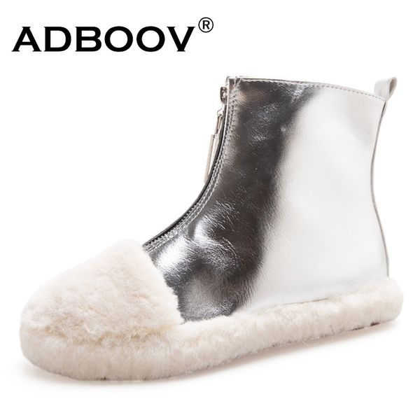 

adboov front zip furry boots women pu leather flat ankle boots for ladies, Black