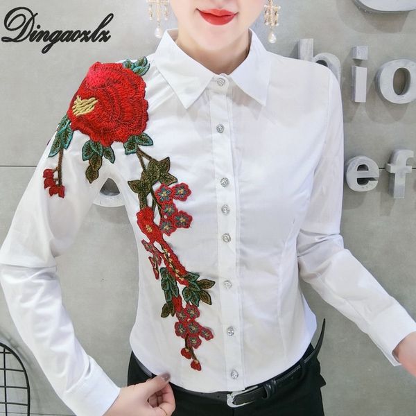 

women's blouses & shirts dingaozlz spring slim embroidery blouse korean fashion women long-sleeved shirt flower white black