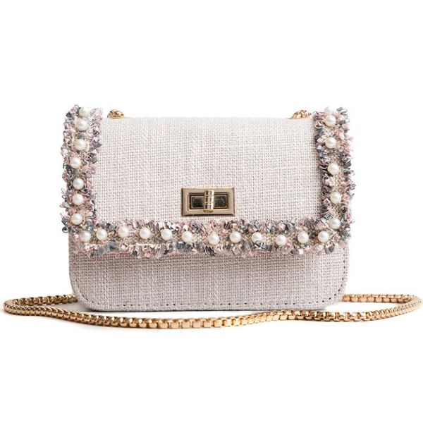 

flower decoration fashion pearl decoration handbag 2018 new linen women bag wild chain shoulder bags messenger bag