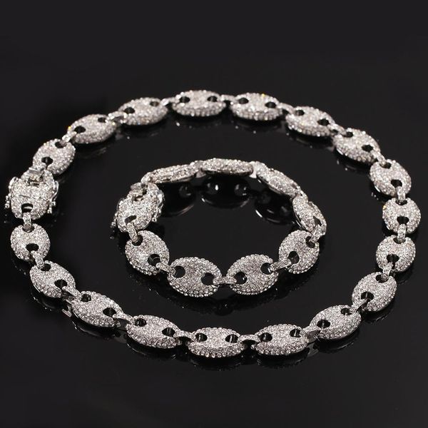 

hip hop full rhinestones paved bling iced out coffee beans marine link chain bracelets necklaces set for men rapper jewelry, Silver