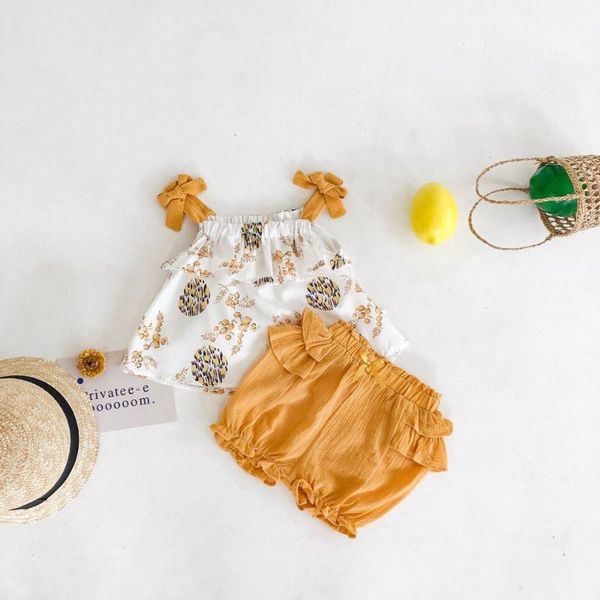 

2020 summer girls clothes set children's baby infants princess straped bow blouse+ruffles shorts 2pcs outfits kids suits s10961, White