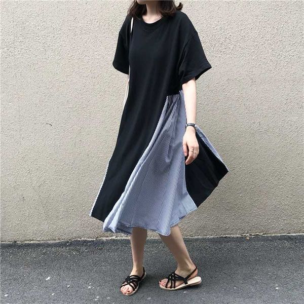 

amolapha women irregular striped patchwork casual dresses summer fashion loose dress vestidos, Black;gray
