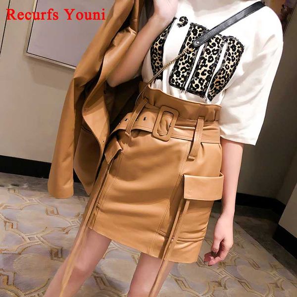 

rys9313 new spring women high waist belt pocket tassel genuine leather skirts female mini saia camel green short jupe, Black