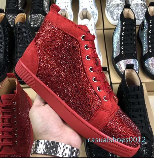 

2018 new size:35-47 special offer suede & black rhinestone strass red bottom men flat red sole shoes high-sneaker lace-up casual c12