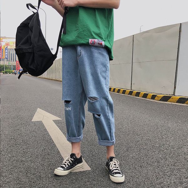 

2019 ins men pants casual mens hip hop rap trousers street ripped jeans japan straight full close-fitting breathing loose pant, Blue