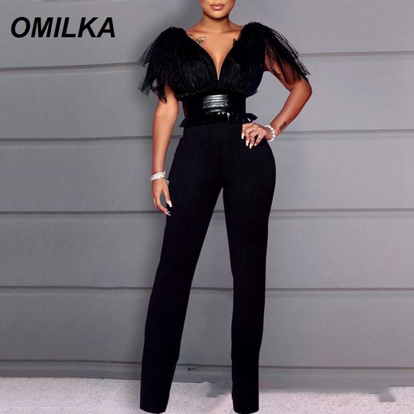 

omilka elegant rompers and jumpsuits 2019 autumn women short sleeve v neck mesh backless bodycon black club party jumpsuits, Black;white