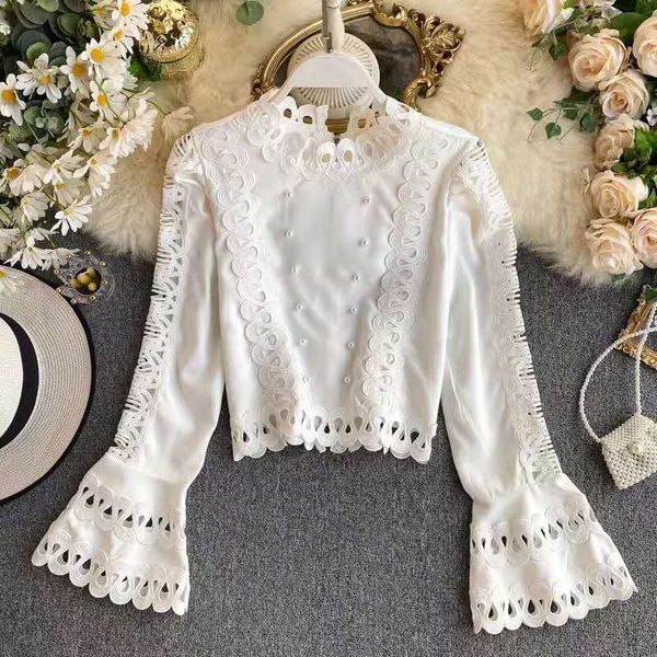 

vintage ladies stand collar hollow out patchwork beaded flare long sleeve lace fashion solid color short shirt, White