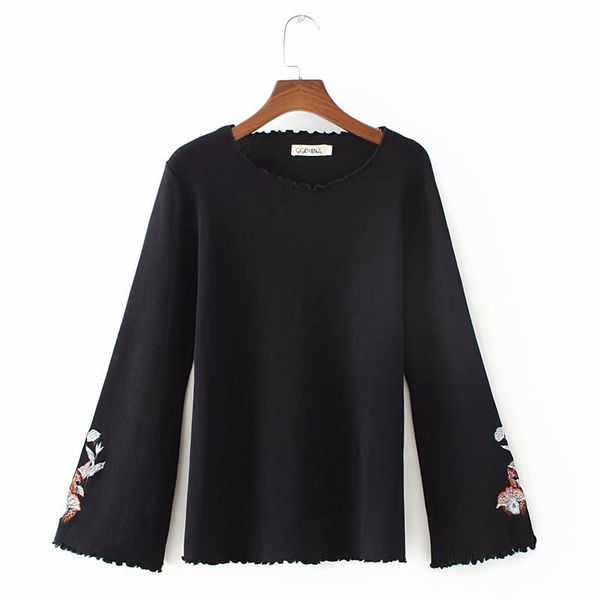 

plus size spring autumn new sweater women's knit slim elastic sweaters floral embroidery pullovers, White;black