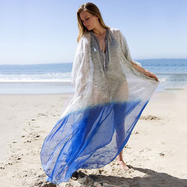 

beach dress tunic saida de praia bikini swimwear women cover up summer new chiffon loose plus size swimsuits with skirt robe, Blue;gray