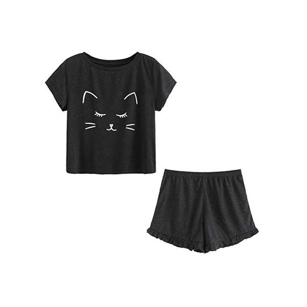 

women's casual cat nightwear set lovely shorts short sleeve ruffled t-shirt sleepwear suit woman clothes pajamas new, White