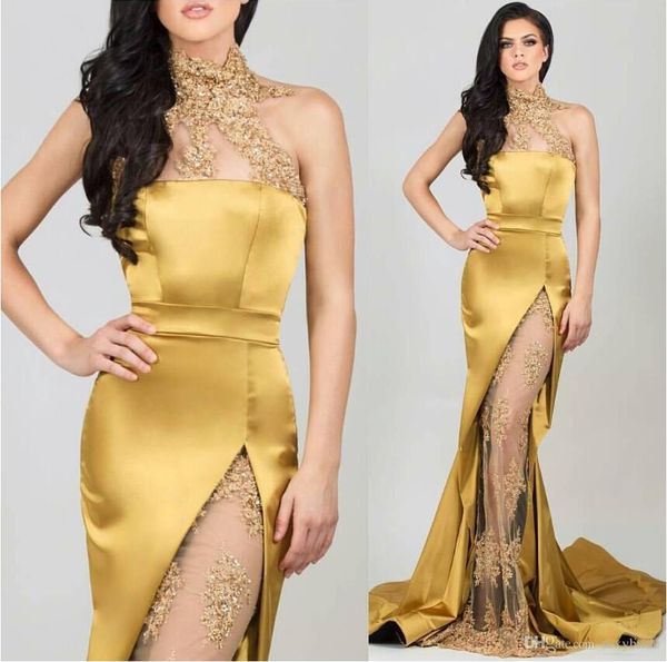 Abiti da ballo sexy a sirena in oro collo alto con paillettes applique in rilievo vedere attraverso abiti da sera con spacco laterale abito da celebrità arabo 2019
