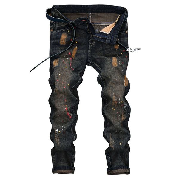

fashion men skinny denim jeans distressed ripped frayed holes destroyed pants designer slim trousers, Blue