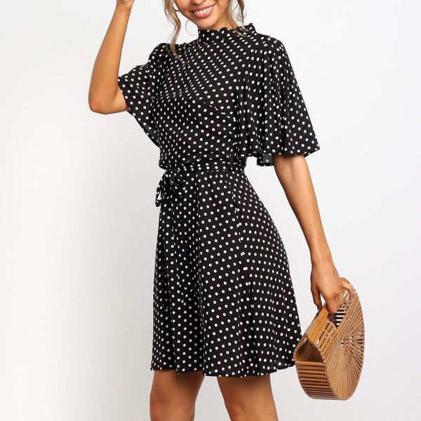 

2020 polka dot dress women summer boho beach chic mini dress casual short sleeve ladies office elegant dress vestido mujer, Black;gray