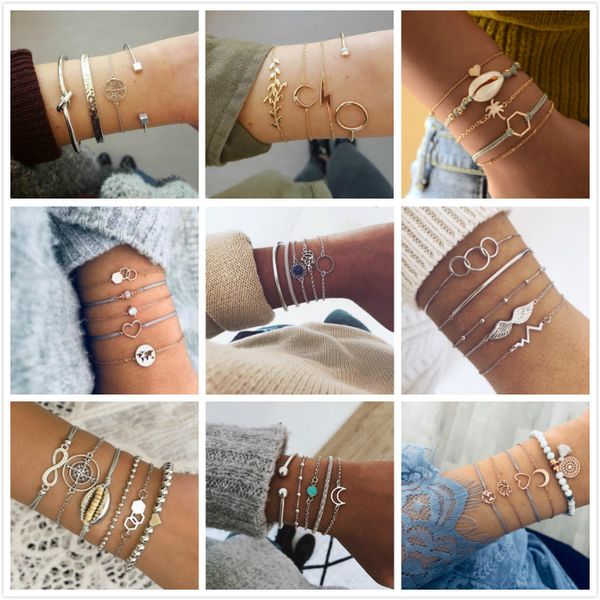 

european and american trends lotus circle simple bracelet temperament flower chain chain bracelet 5 piece set accessories, Black
