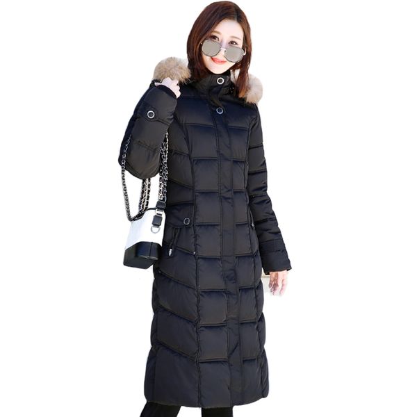 

2019 winter jacket women plus size 4xl 5xl female outwear down coat x-long hooded with fur collar ladies parka, Black