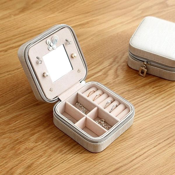 

portable jewelry case packing pu leather jewelry box makeup organizer cosmetic box&mirror travel earring ring casket