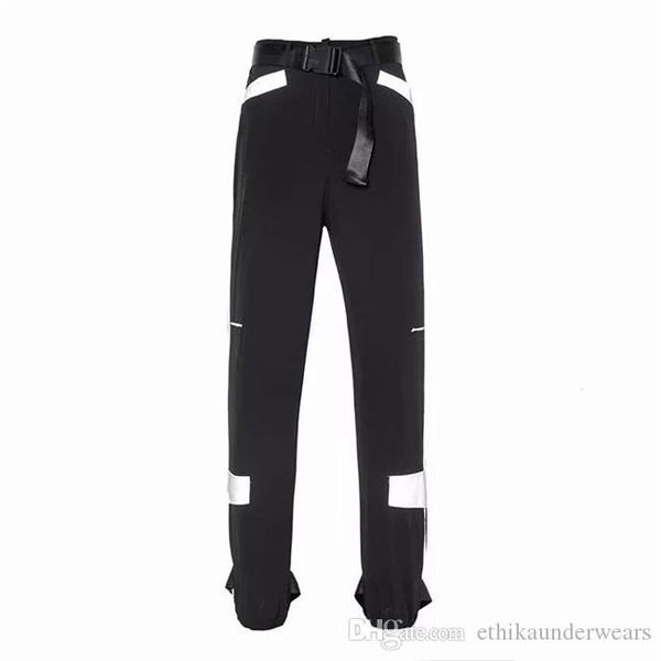 

женщины светоотражающие штаны осень моды высокой талией брюки-карго с поясом свободный карандаш брюки женская одежда причинно, Black;white