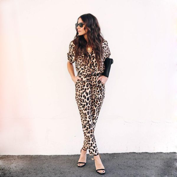 

women's jumpsuits & rompers women leopard-print short sleeve long pants streewear button vneck lady office casual clothes grnshts, Black;white