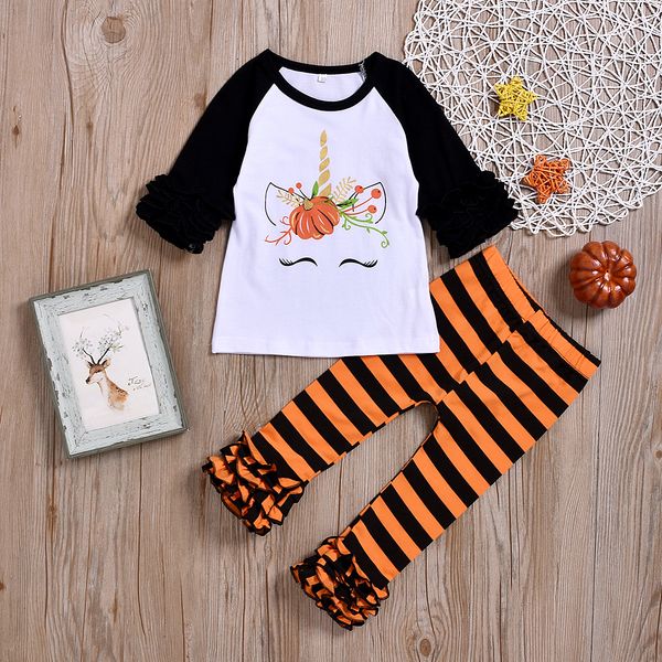 

retail boys girls halloween stripe unicorn 2pcs pant suits long sleeve outfits kids designer clothes tracksuit children clothing sets, White