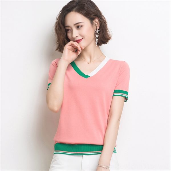 

ice linen short-sleeved women's 2020 summer color matching slim thin base v-neck t-shirt sweater sweater top, White